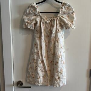 Reformation Linen Floral Mini Dress White Square Neck Zip Short Sleeve Sz 10